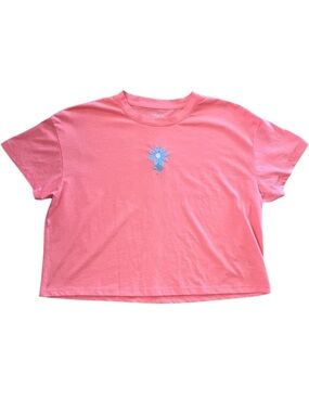 Cabana by Crown & Ivy Coral Cropped Tee Blue Flower Embroidered Boxy Small
